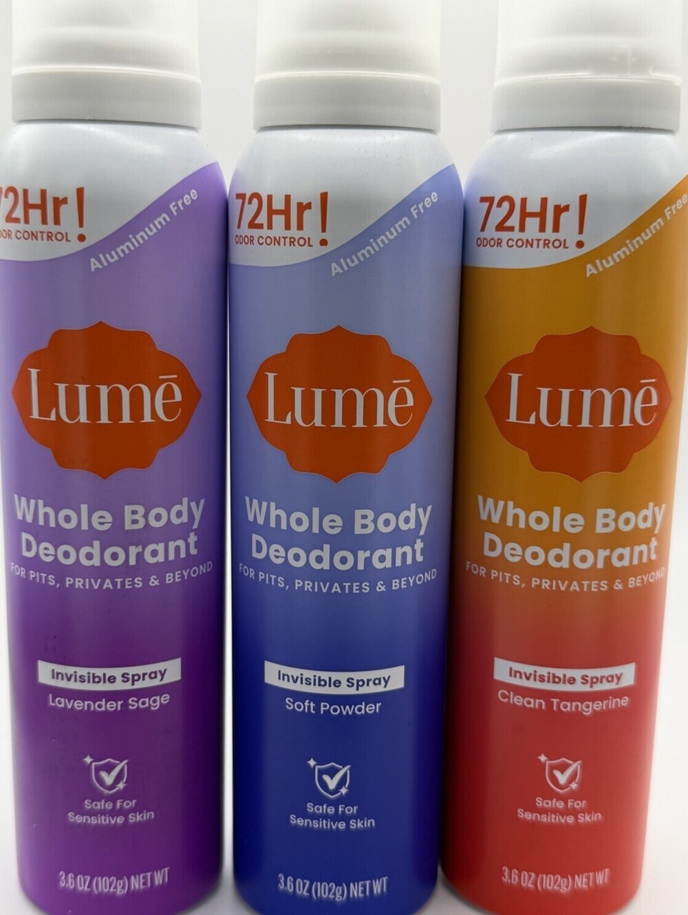 Lume Whole Body Deodorant Spray 3 Pack Lavender Soft Powder Tangerine New